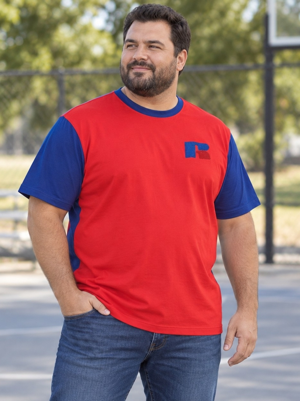 #1306 Russell Athletic Red and Blue Colorblock Short Sleeve Crew Tee